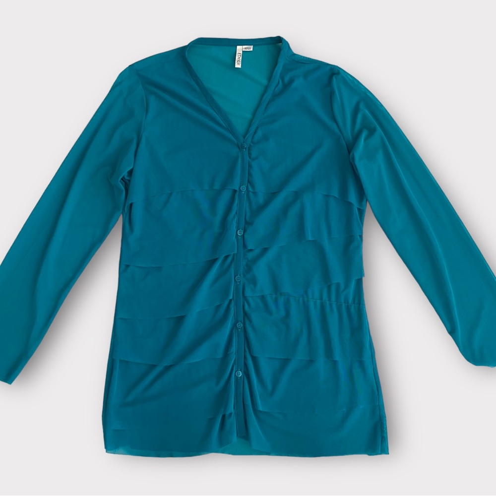 Ethyl Women’s Top Blouse XL Semi Sheer Ruffled Tiered Layered Button Up Teal